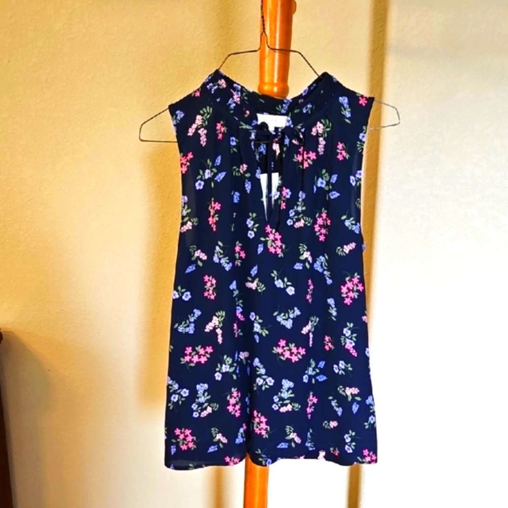 NWT LOFT Blue Tie Front Blouse with Mandarin Collar, XS
